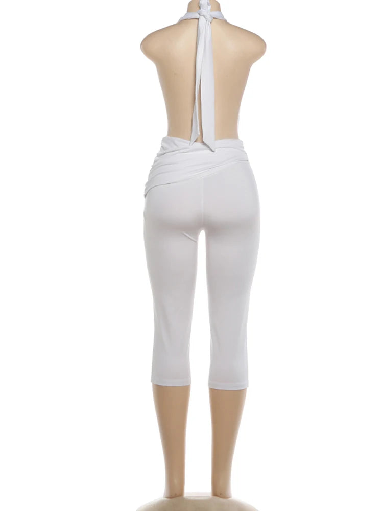 Weird Puss Knot Design Jumpsuit Woman Bandage Halter Deep V-Neck Backless Sleeveless Skinny Peach Hip Street Sexy Fashion Romper