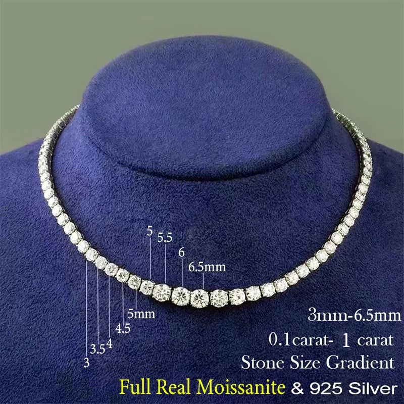 Luxury Moissanite Tennis Necklace for Women Certified 100% 925 Sterling Silver 3mm-5mm Size Gradient Diamond Neck Chain