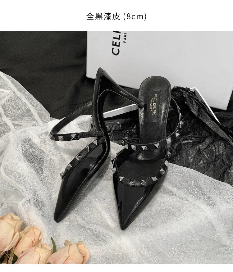 Heeled Sandals Summer Luxury Brand Rivets Women Slippers Fashion Leather Slingbacks Heels Slippers Designer Party Prom Shoes