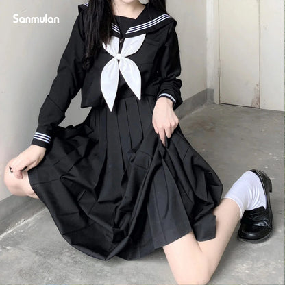 Japanese School Uniforms Student Style Girls Navy Costume Women Sexy Black JK Long Dress Suit Sailor Blouse Pleated Skirt Set