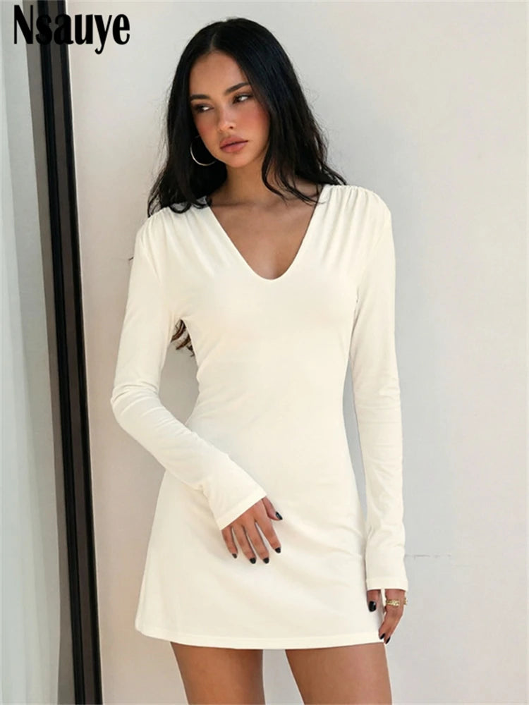 Nsauye Women's Casual Long Sleeve V Neck Slim Dress Women Clothing Elegant Shoulder Pads Short Dresses Vestidos