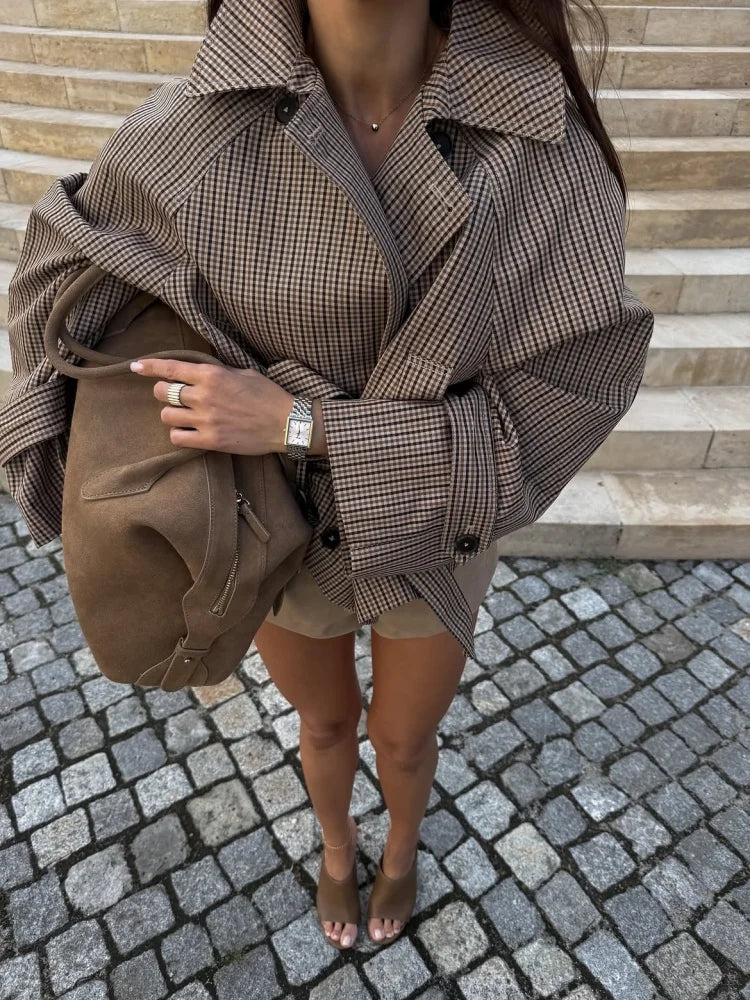 Trendy Plaid Cropped Trench Coat Women Chic Lapel Double Breasted Belted Waist Tie Long Sleeve Jacket Fall Windbreaker Outerwear