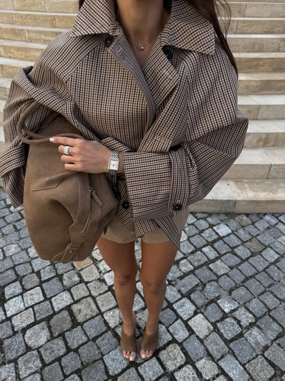 Trendy Plaid Cropped Trench Coat Women Chic Lapel Double Breasted Belted Waist Tie Long Sleeve Jacket Fall Windbreaker Outerwear