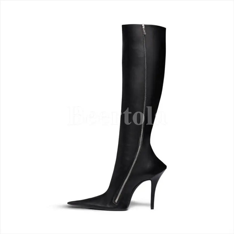 Black Leather Pointed Toe Ankle Boots Woman High Heels Stiletto Side Shaped Zipper Knee-High Boots Lady Sexy Boots