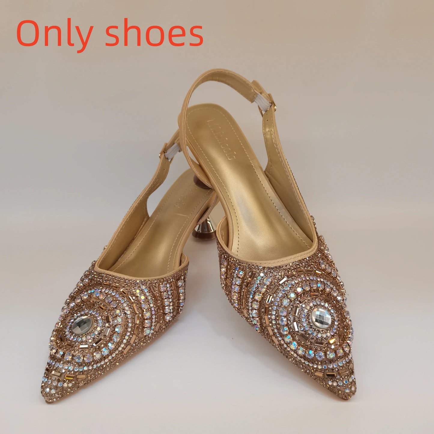 New Elegant Nigerian Women’s Gold Colour Heeled Shoes With Match Rhinestone Handbag Set Italian Design for Parties
