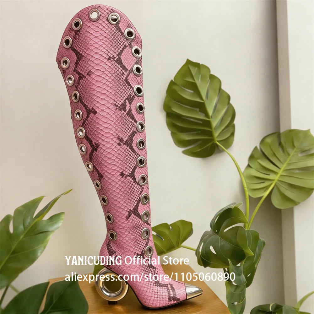 Novelty Circle Heel Knee High Boots Metal Pointed Toe Multiple Eyelet Boots Customizable Multi-color High Heeled Boots for Women