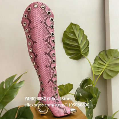 Novelty Circle Heel Knee High Boots Metal Pointed Toe Multiple Eyelet Boots Customizable Multi-color High Heeled Boots for Women