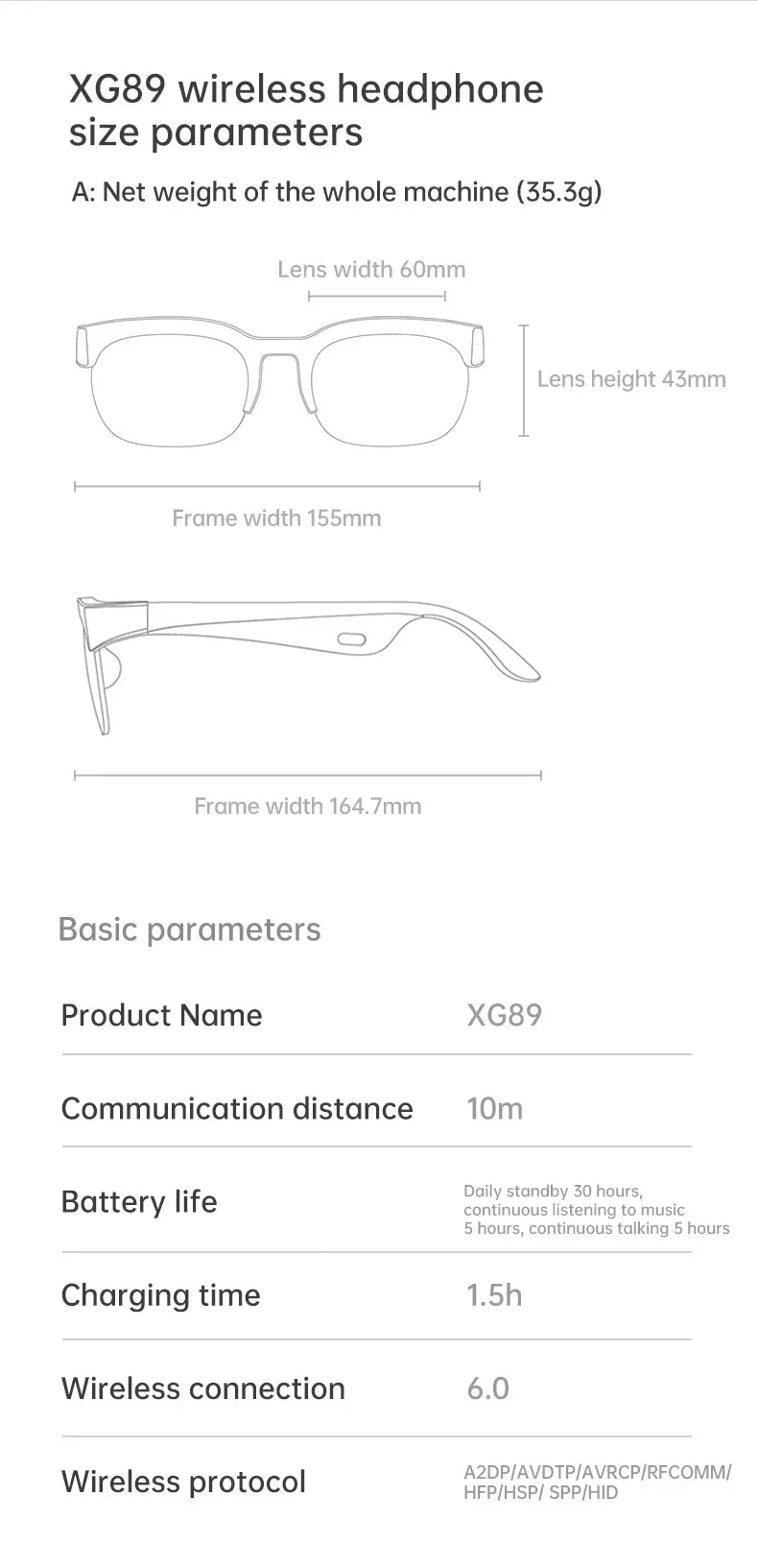 XG89 Smart Bluetooth Audio Sunglasses, Real-Time Translator Glasses with Anti-UV HD Lenses for Travel Driving Outdoor