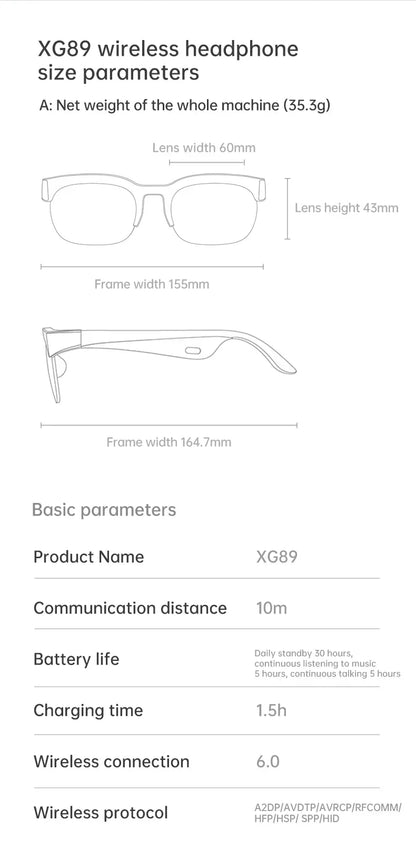 XG89 Smart Bluetooth Audio Sunglasses, Real-Time Translator Glasses with Anti-UV HD Lenses for Travel Driving Outdoor