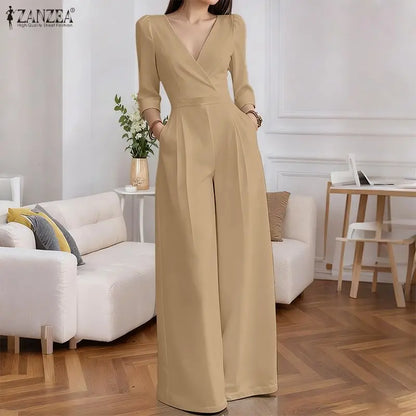 ZANZEA OL Work Party Women Jumpsuits Solid Color Summer 3/4 Sleeve Sevy V Neck Rompers Solid Playsuits Wide Leg Pants Streetwear