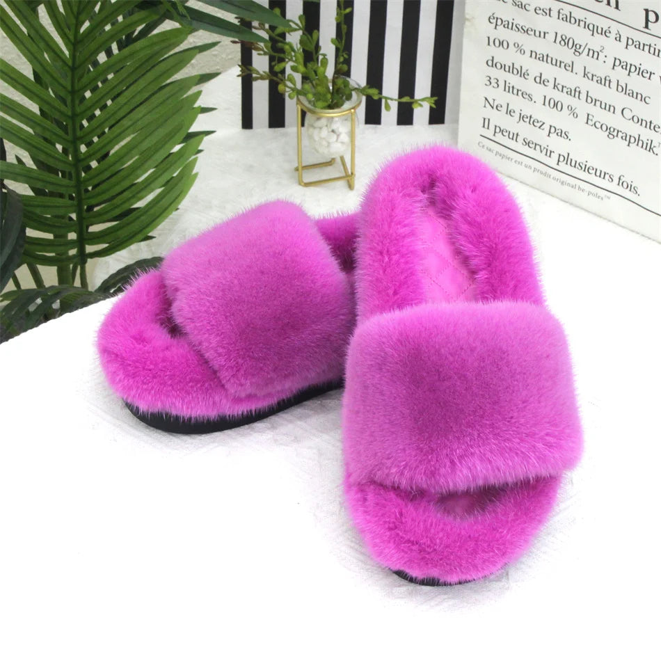 2026 Women Real Mink Fur Slippers Indoor Outdoor Luxury Shoes For Women Comfort Platform Fluffy Slipper Slides For Woman Summer