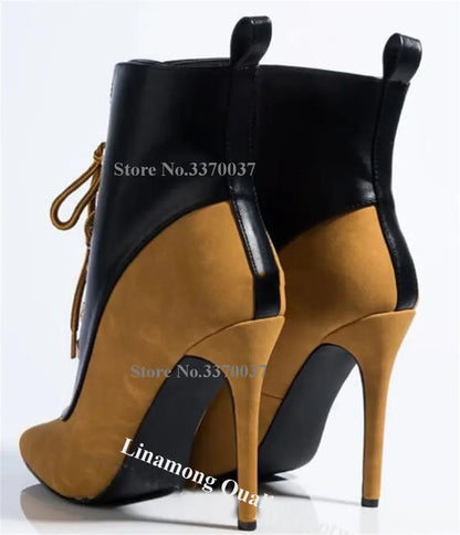 Linamong Red-blue Patchwork Metal Buckles Stiletto Heel Short Boots Sexy Pointed Toe Lace-up Thin Heel Ankle Booties