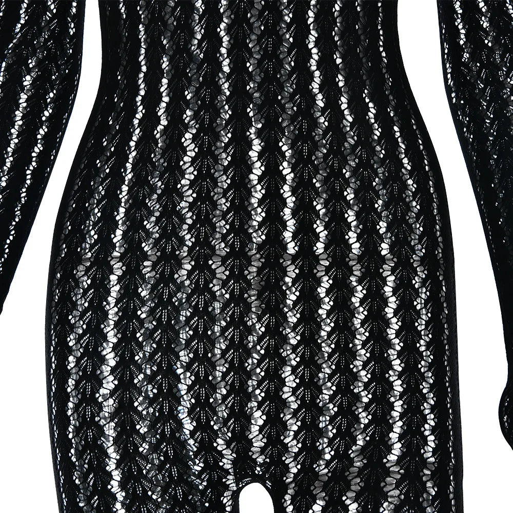 HLJ&GG Sexy Mesh Stretchy See Though Bodycon Jumpsuits Women Round Neck Long Sleeve Slim Playsuits Fashion Print Overalls 2025