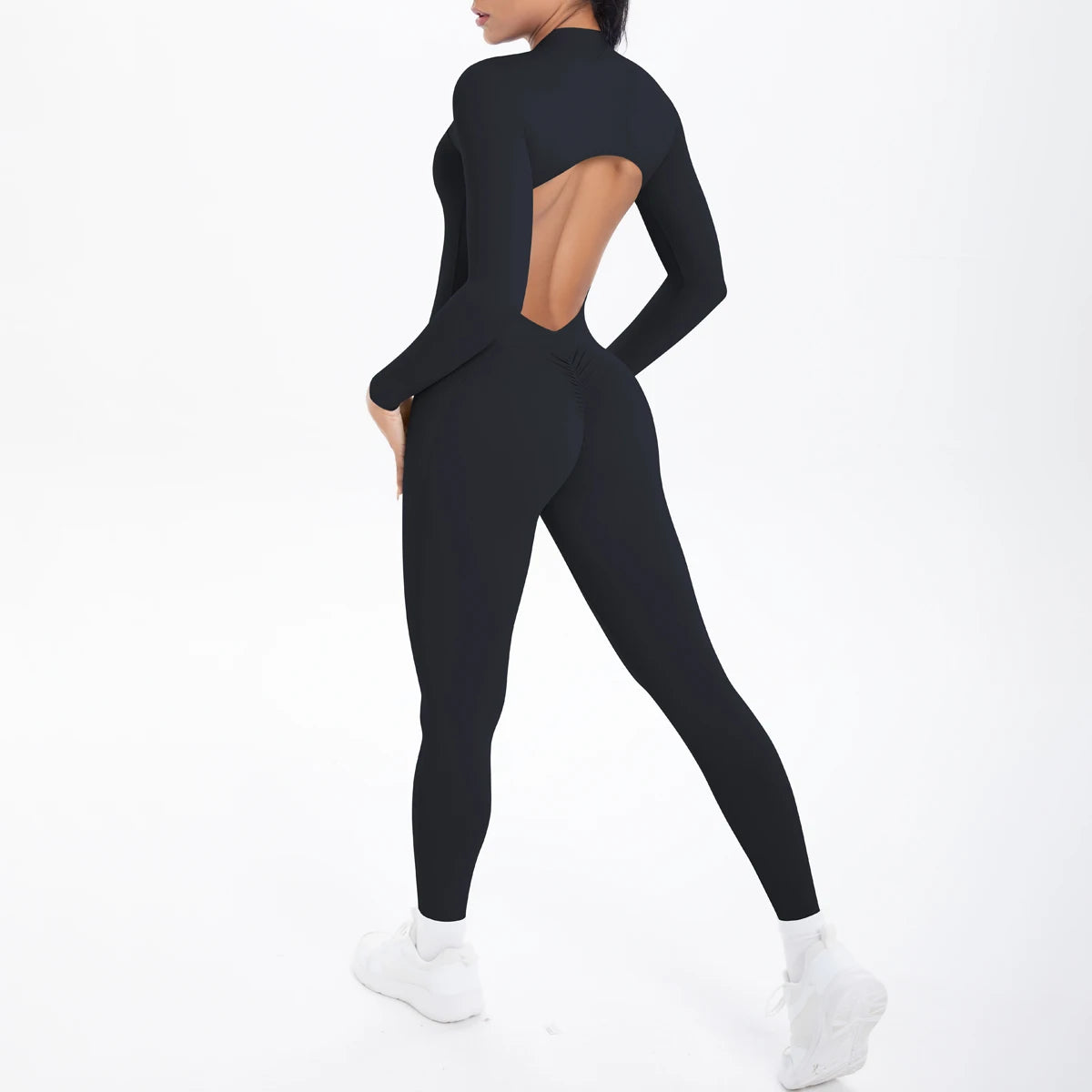 Solid Color Bodysuits for Woman's Backless Long Sleeved Zipper Yoga Jumpsuits High Dtrength Workout Sports Fitness Clothing Set