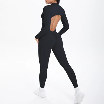 Solid Color Bodysuits for Woman's Backless Long Sleeved Zipper Yoga Jumpsuits High Dtrength Workout Sports Fitness Clothing Set