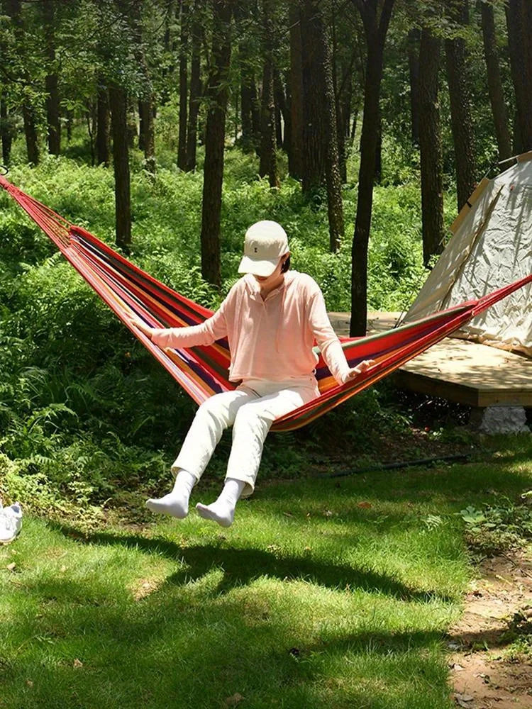 Outdoor Canvas Hammock Thickened Hammock Camping Swing Hammocks with Tree Ropes Anti Rollover Striped Hanging Chair Hammocks