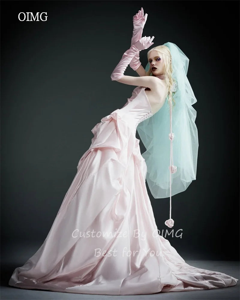 OIMG Luxurious Pink Strapless Ball Prom Gowns Backless Pleated Party Gown Floor Length Evening Dress vestidos de gala Customized