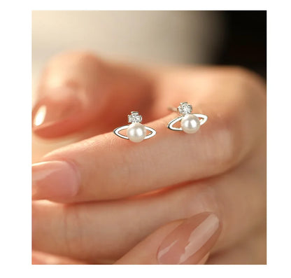 Fashionable Simple 999 Sterling Silver Zircon Planet Shell Earrings for Women Exquisite Light Luxury Jewelry
