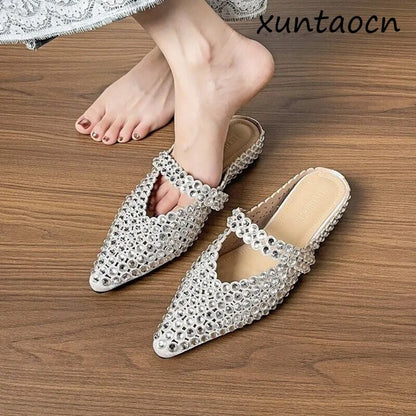 Luxury Rhinestone Pointed Toe Slippers for Women Sexy Backless Flats Mules Sandals Elegant Party Dress Mary Jane Shoes Ladies