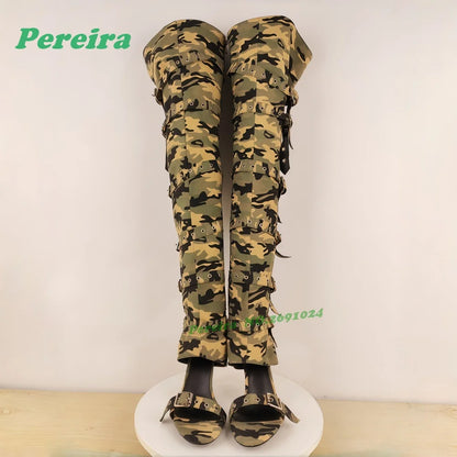 Camouflage Belt-Buckled Sandals Open Toe Thin Heels Side Air Women's Gladiator Sandals Stiletto Patchwork Summer Luxury Shoes