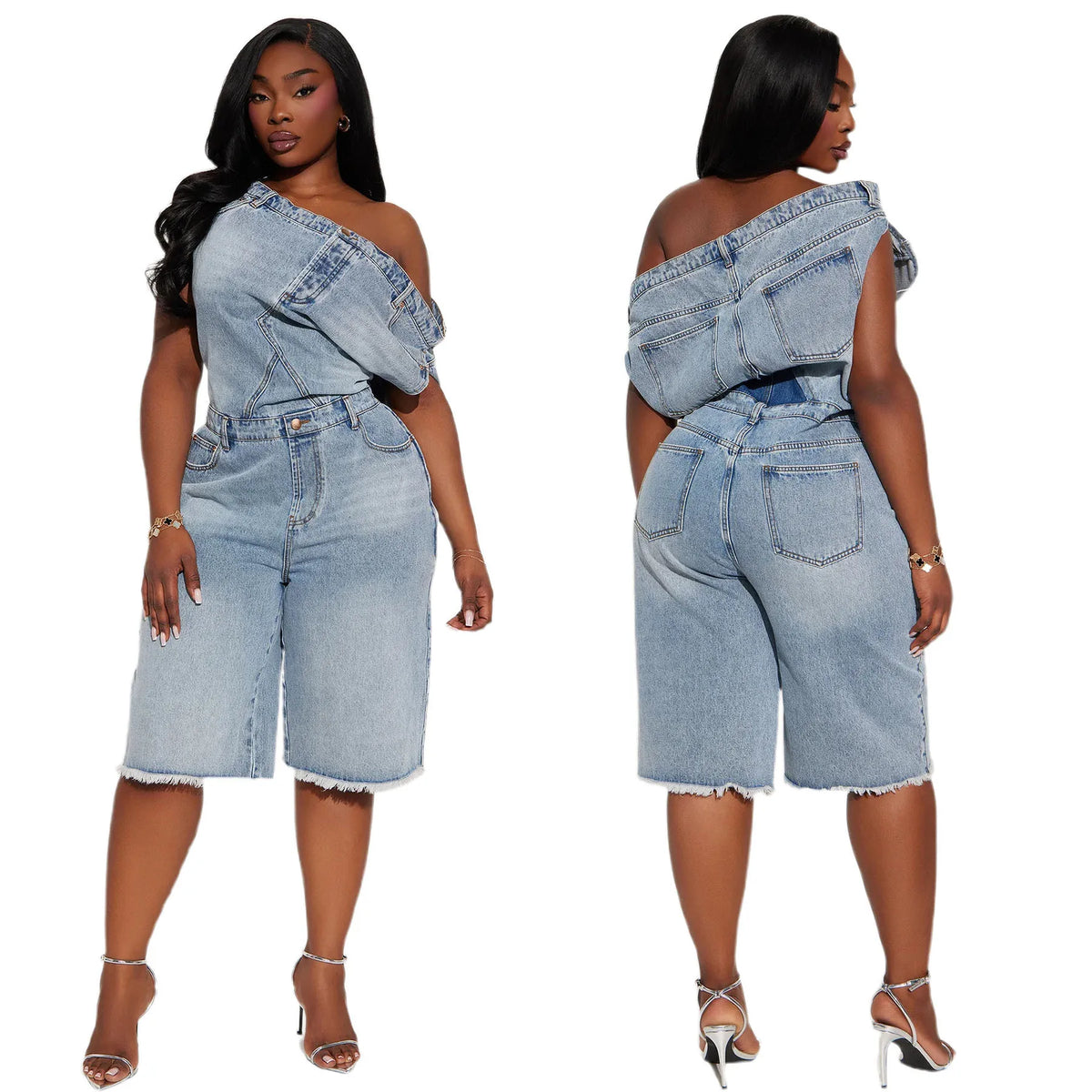 Jumpsuits Women Denim One Piece Short Sleeve Overalls Knee Length Pants Tight Waist Rompers Y2k Streetwear Slash Neck 2026