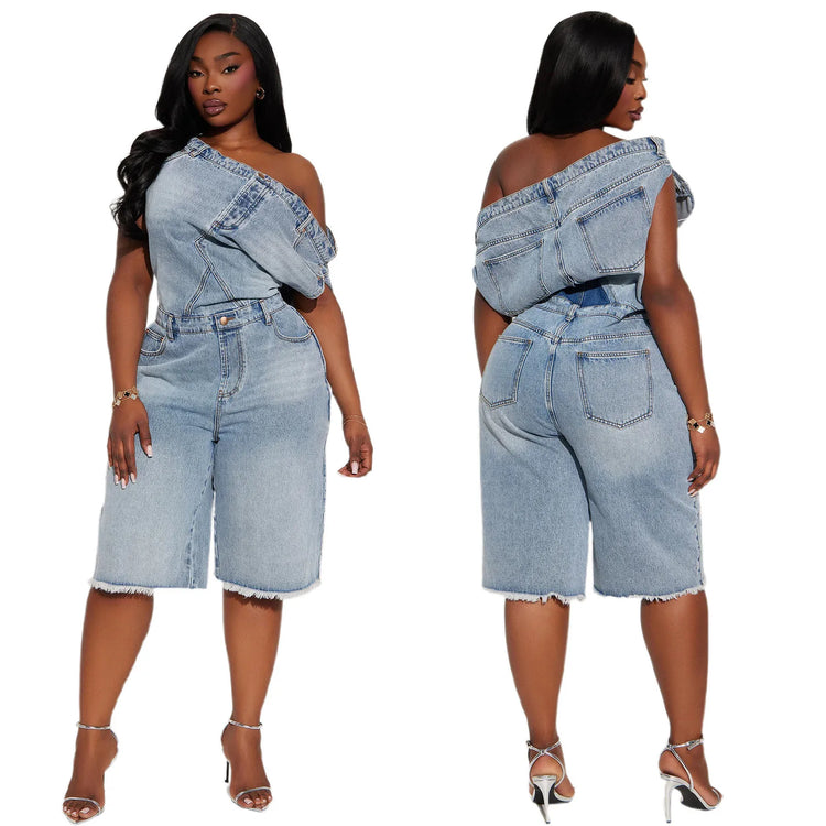 Jumpsuits Women Denim One Piece Short Sleeve Overalls Knee Length Pants Tight Waist Rompers Y2k Streetwear Slash Neck 2026