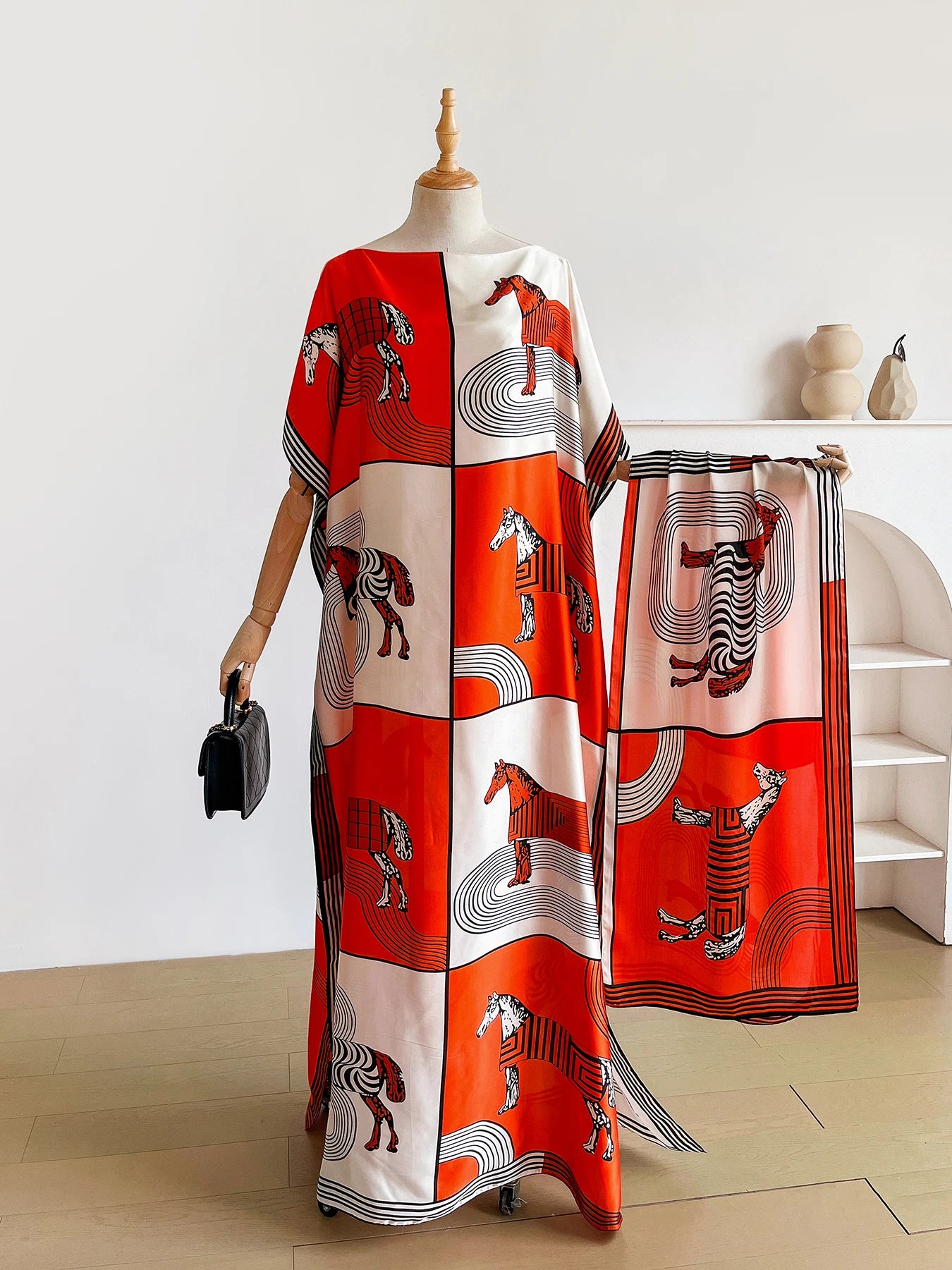 Luxury Horse Print Silk Satin Abaya Set With Matching Hijab Scarf, Loose Batwing Maxi Kaftan Dress For Muslim African Women