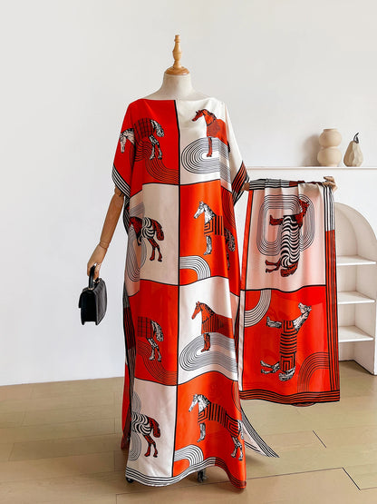 Luxury Horse Print Silk Satin Abaya Set With Matching Hijab Scarf, Loose Batwing Maxi Kaftan Dress For Muslim African Women