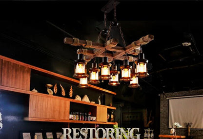 8 Lights Retro Wood Pendant Lights 8 Head Vintage Industrial Loft Glass Iron LED Chandelier Suspension Lamp Wooden Droplight