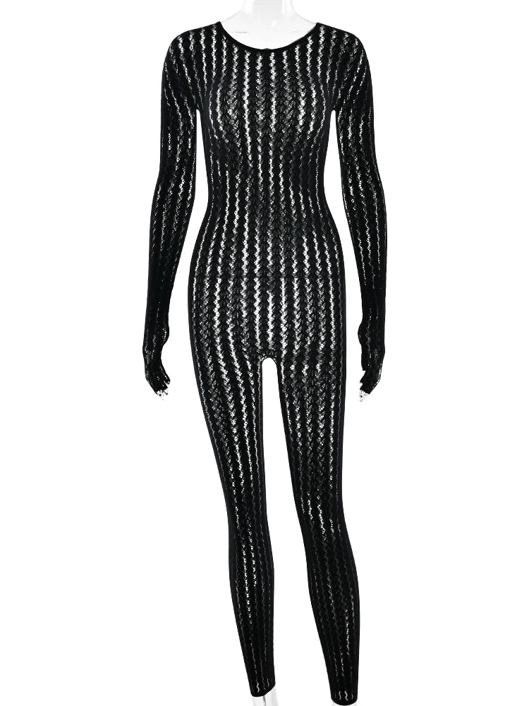 Sheer Hollow Out Jumpsuits Women Summer Round Neck Long Sleeve High Stretch One Piece Jumpsuit Rompers Thin Sexy Overalls