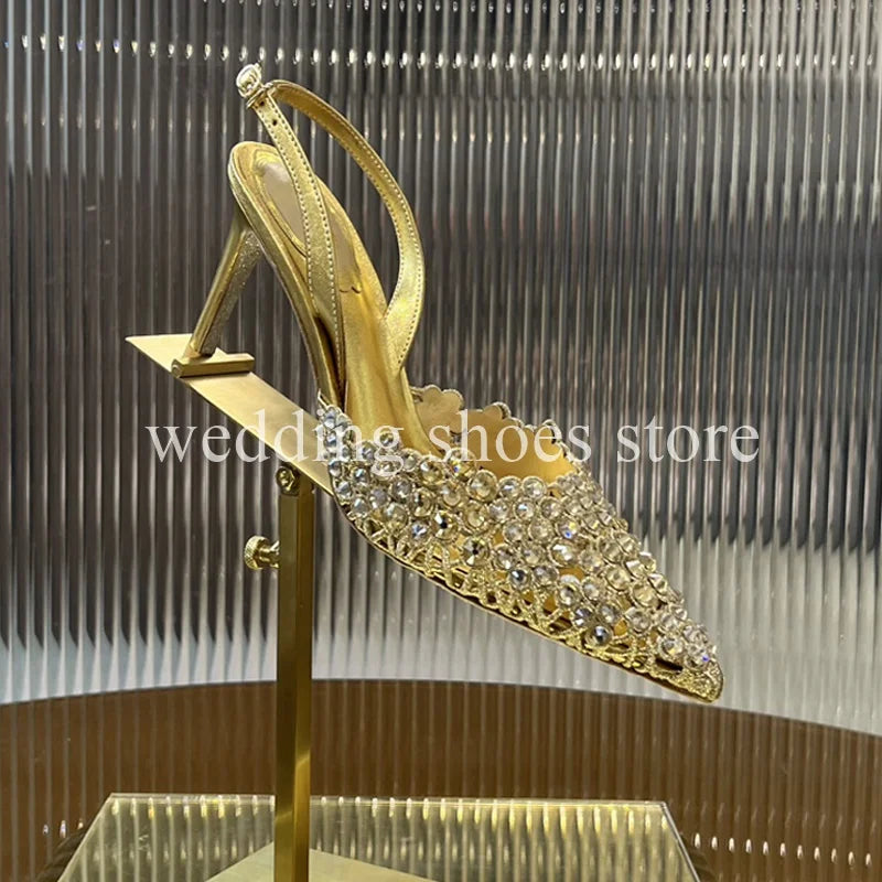 Handmade Metal Wire Braid Rhinestone Stiletto Glitter Crystal Sandals Pointed Sandals Wedding Luxury High Heel Party Women Shoes