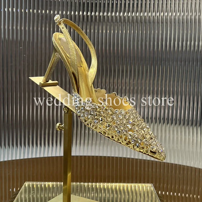Handmade Metal Wire Braid Rhinestone Stiletto Glitter Crystal Sandals Pointed Sandals Wedding Luxury High Heel Party Women Shoes