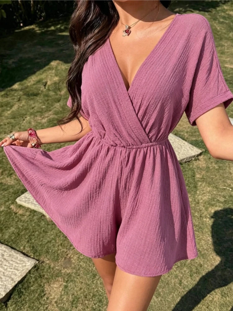 New Chic Women Summer  New Loose Playsuits Cross V Neck Fashion Short Sleeve Jumpsuits Elegant Office Simple Rompers