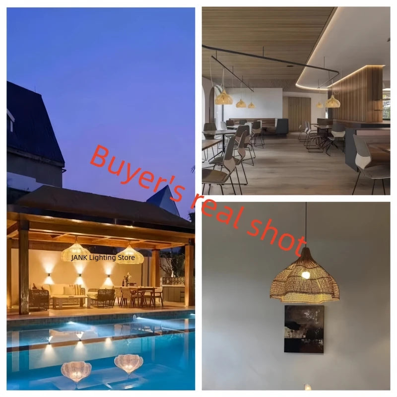 Japanese Style Wabi-sabi Retro Rattan Chandelier Creative Living Room Restaurant Box Pendants LIghts Hotel Living Room Lamps LED
