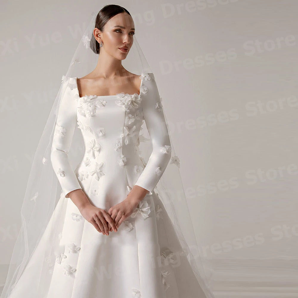 Luxurious A Line Women's Wedding Dresses Long Sleeve Vestidos De Novia Bride Gowns Customized Square Neck Flowers Vestidos Boda