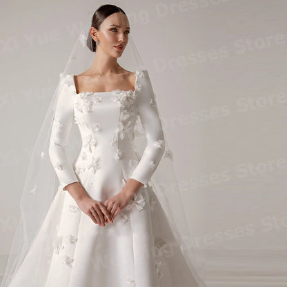 Luxurious A Line Women's Wedding Dresses Long Sleeve Vestidos De Novia Bride Gowns Customized Square Neck Flowers Vestidos Boda