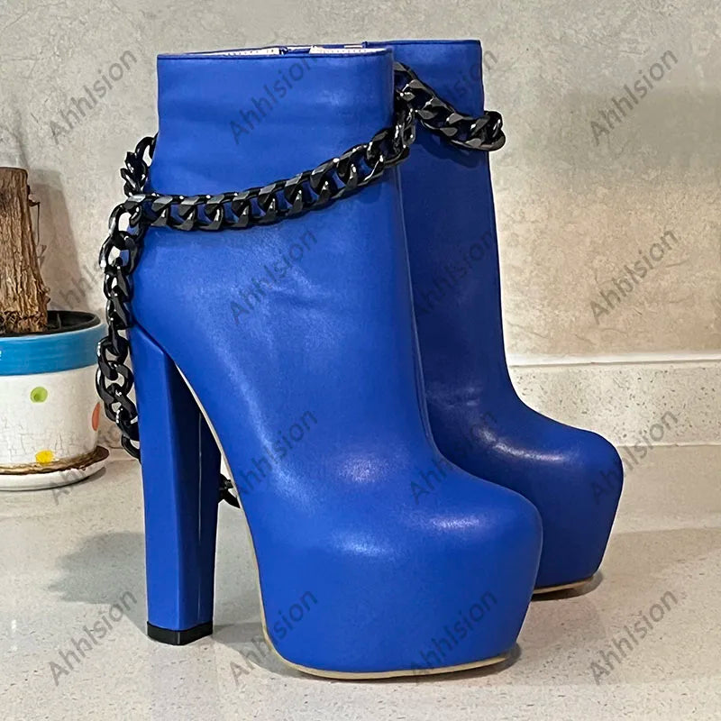 Ahhlsion New Women Winter Ankle Boots Platform Chunky Heels Chain Round Toe Pretty Blue Party Shoes Ladies US Plus Size 5-20