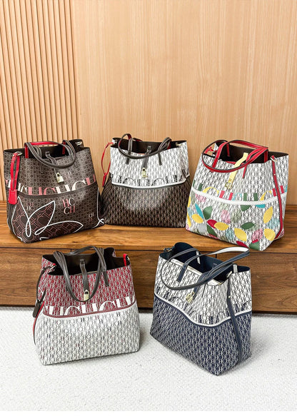 CH Tote Bag for Women Two Tone PU Leather Large Capacity Shoulder Handbag Luxury Ladies Commute Shopping Shopper Bag