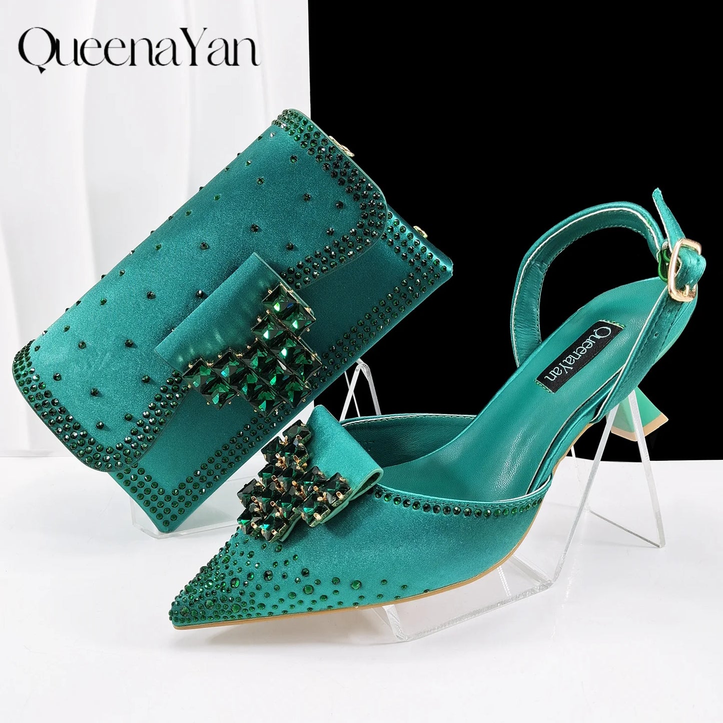 QueenaYan Elegant Navy Blue Handbag and Medium Heel Shoes Set with Beautiful Handmade Metal Decoration for Weddings and Parties