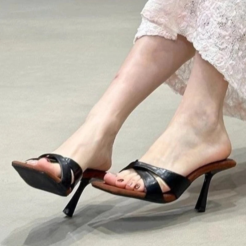 Square Toe Women's High Heels Slippers Elegant Sandals Fashion Shoes Dress Pumps Woman Slides New Luxury Female Flip Flops