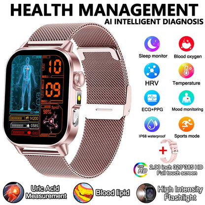 2026 New Professional-Grade Health Smart Watch Men ECG BP HR Uric Acid Lipid BMI Body Analysis Bluetooth Call Smartwatch Women