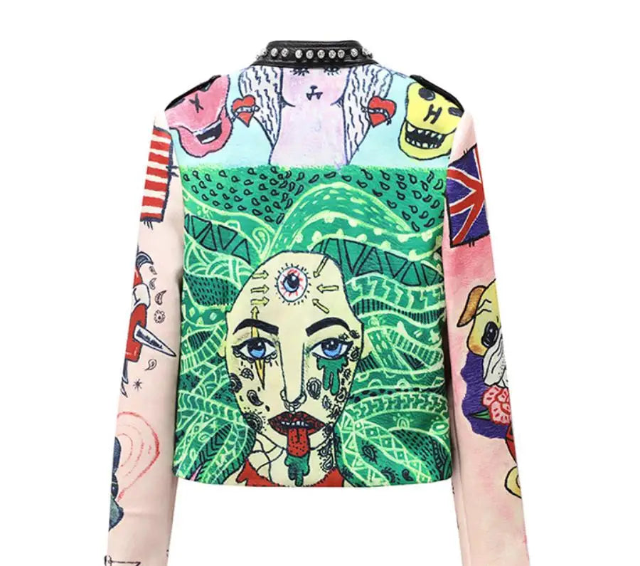 3xl women and men rivet beading pu leather jacket hit color streetstyle Graffiti outerwear letters printed leather jackets