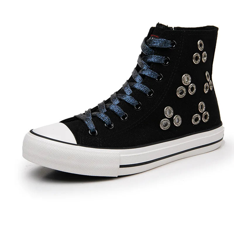 Breathable Hollow Canvas Short Boots Summer Women Black Casual Shoes Punk Rivet Flat Bottomed Shoes 2CM Woman High top Sneakers