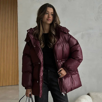 2026 Winter Warm Hooded Padded Cotton Coats Women Casual Drawstring Waist-closed Thick Jackets Female Chic Outerwear Lady New