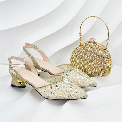 New Arrival African Wedding Shoes and Bag Set with Rhinestone Italian Design Shoes with Matching Bags Nigerian Lady Party Pumps