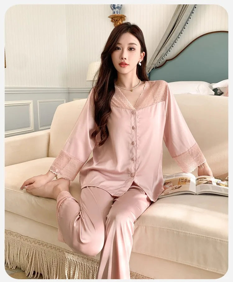 Women's Ice Silk Long-Sleeve Shirt and Full-Length Bottom Pajama Set Soft Warm Loungewear