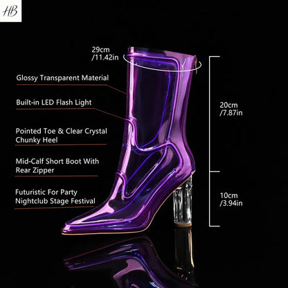 Women Glowing Transparent PVC Ankle Boots Pointed Toe Chunky Clear High Heel Fashion Sexy Dress Party Nightclub Festival Stage