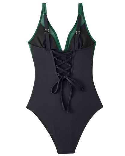 Women Sexy Mesh One Piece Swimsuit Tummy Control Ruched Slimming Shapewear Bathing Suits Lace Up Back Swimwear Monokini Mujer