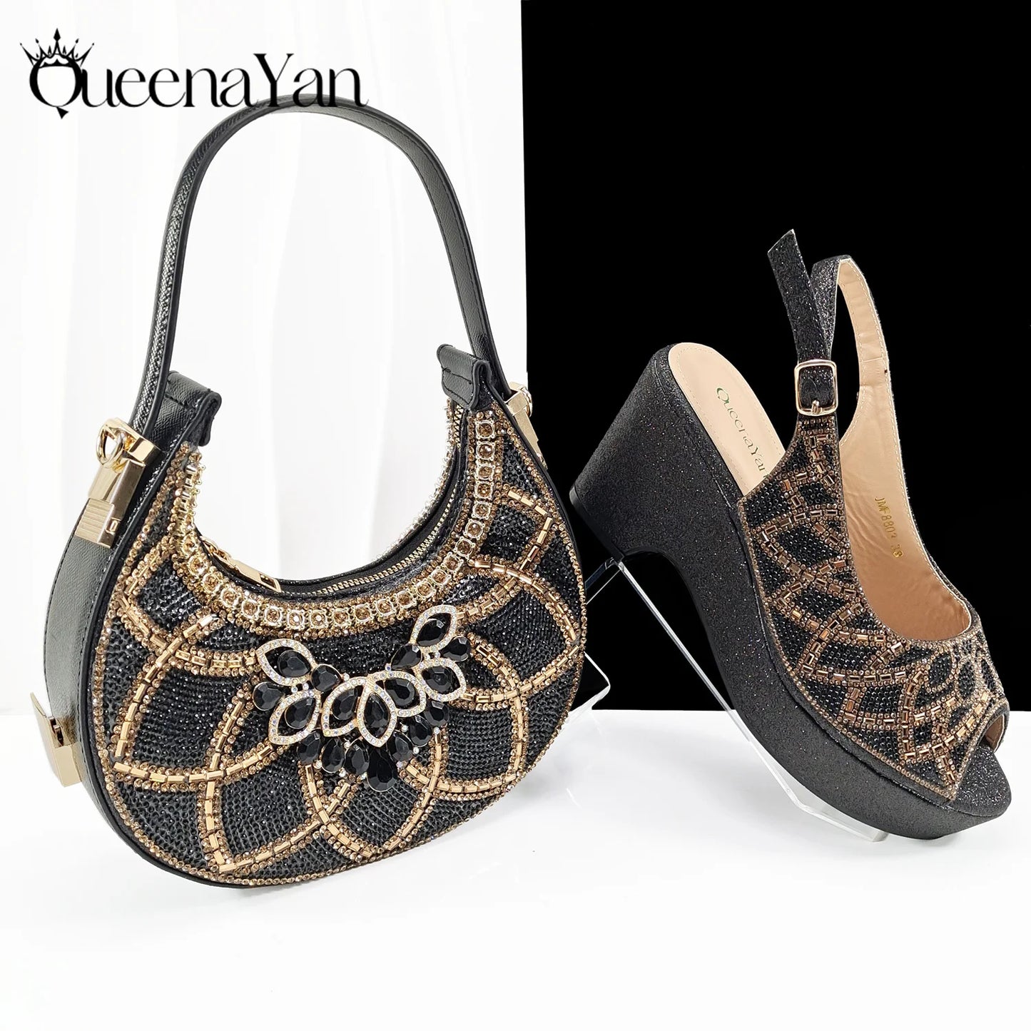 Queena Yan Sky Blue Elegant Nigerian Rhinestone Wedding Shoe and Bag Set Italian Inspired High Heels and Matching Handbag