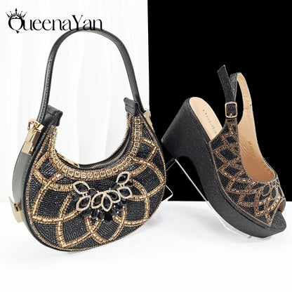 Queena Yan Sky Blue Elegant Nigerian Rhinestone Wedding Shoe and Bag Set Italian Inspired High Heels and Matching Handbag